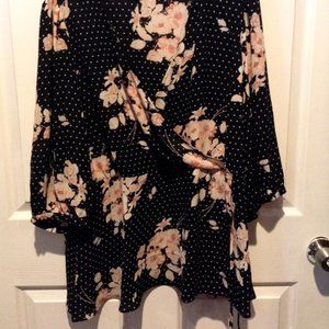 Rose + Olive 1X Black Polka Dot Pink Floral Blouse